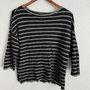 Eileen Fisher Small Black & Gray Striped Sweater with 3/4 Sleeves Boatneck